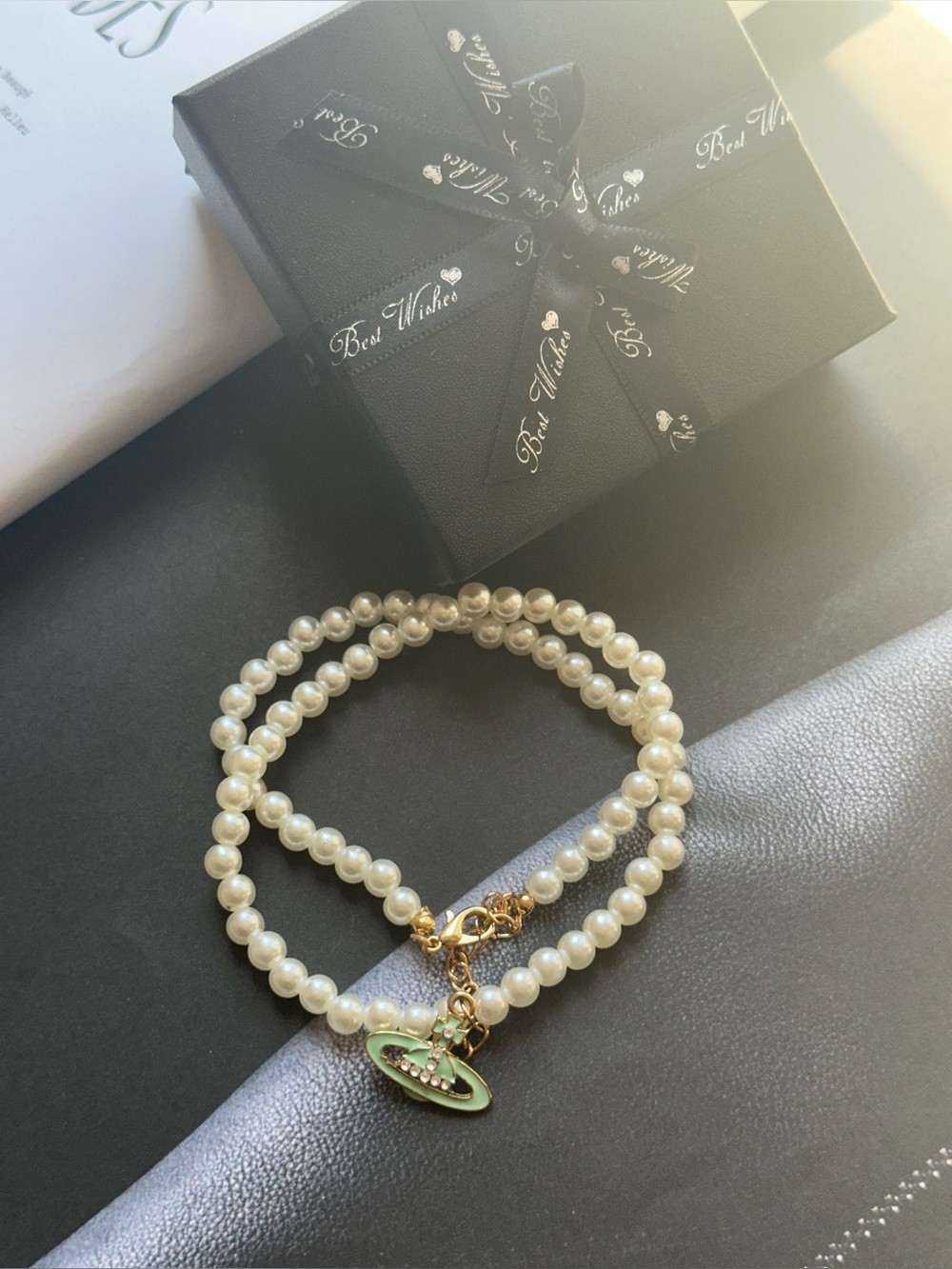 Pearl Bead Bracelet with Green Planet Charm